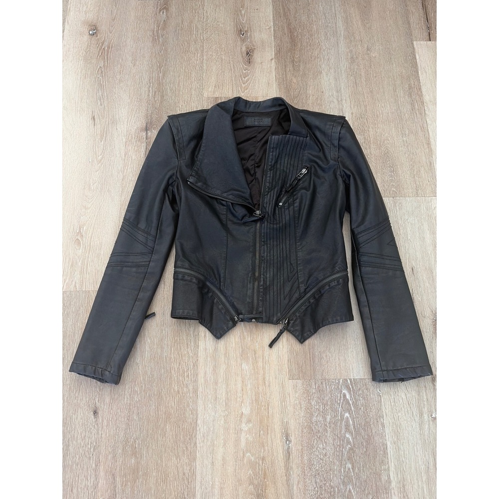 BLANKNYC Black Vegan Leather Moto Jacket Asymmetric Zip Pleated Detail Small